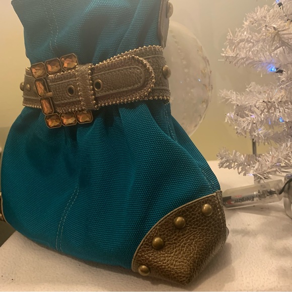 -SOLD-Kathy Van Zeeland Teal Cowgirl Rhinestone Buckle Shoulder Bag - Picture 5 of 8